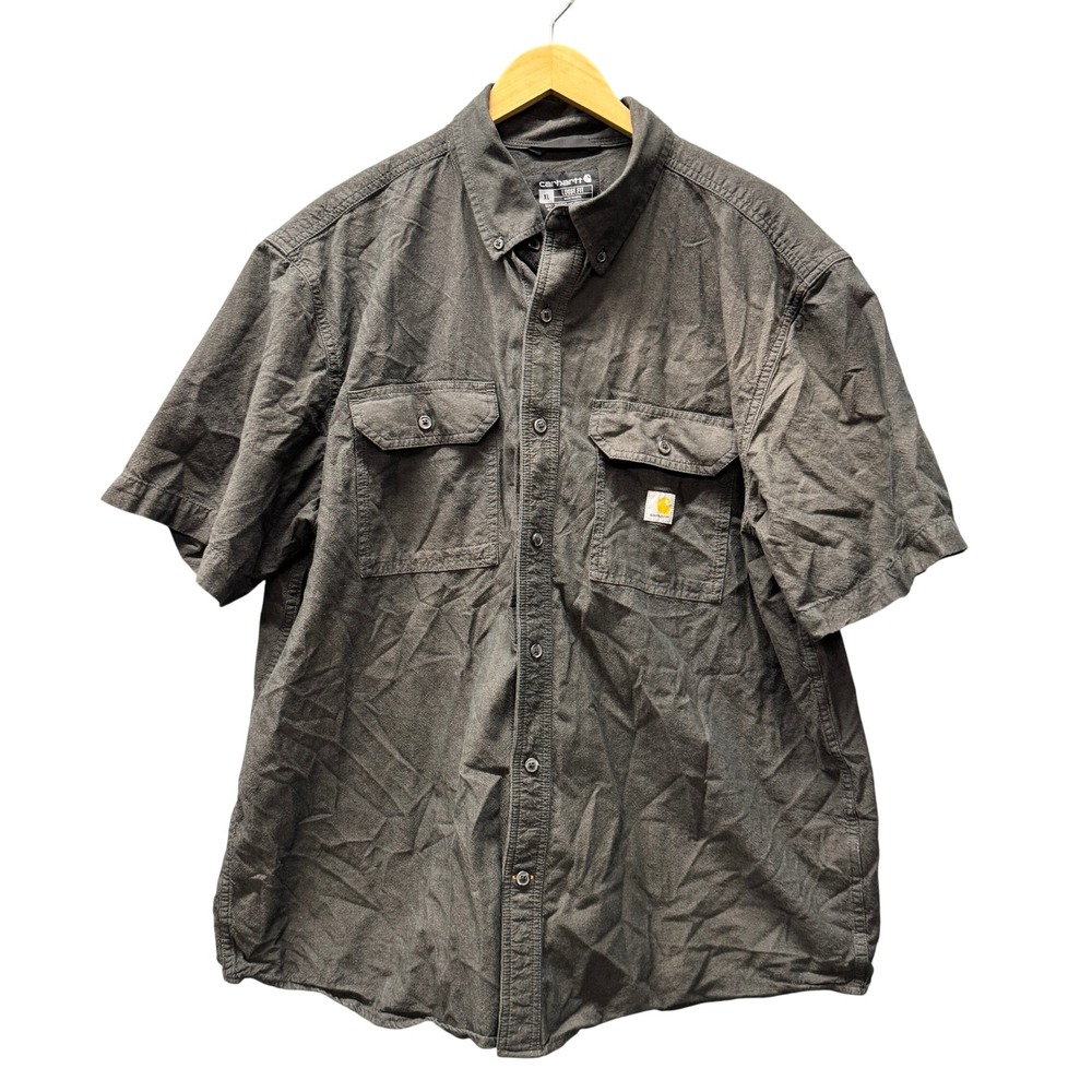 Carhartt Button Down Mens XL Fort Loose Fit Gray Black Chambray Workwear Shirt